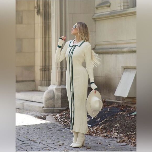 Commense Dresses & Skirts - Micas Elegant Cream‎ Ribbed Knit Maxi Cardigan Dress with Contrast Trim size M